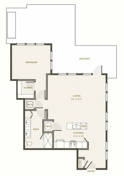Floor plan for 1 bed, 1 bath, 921 sqft